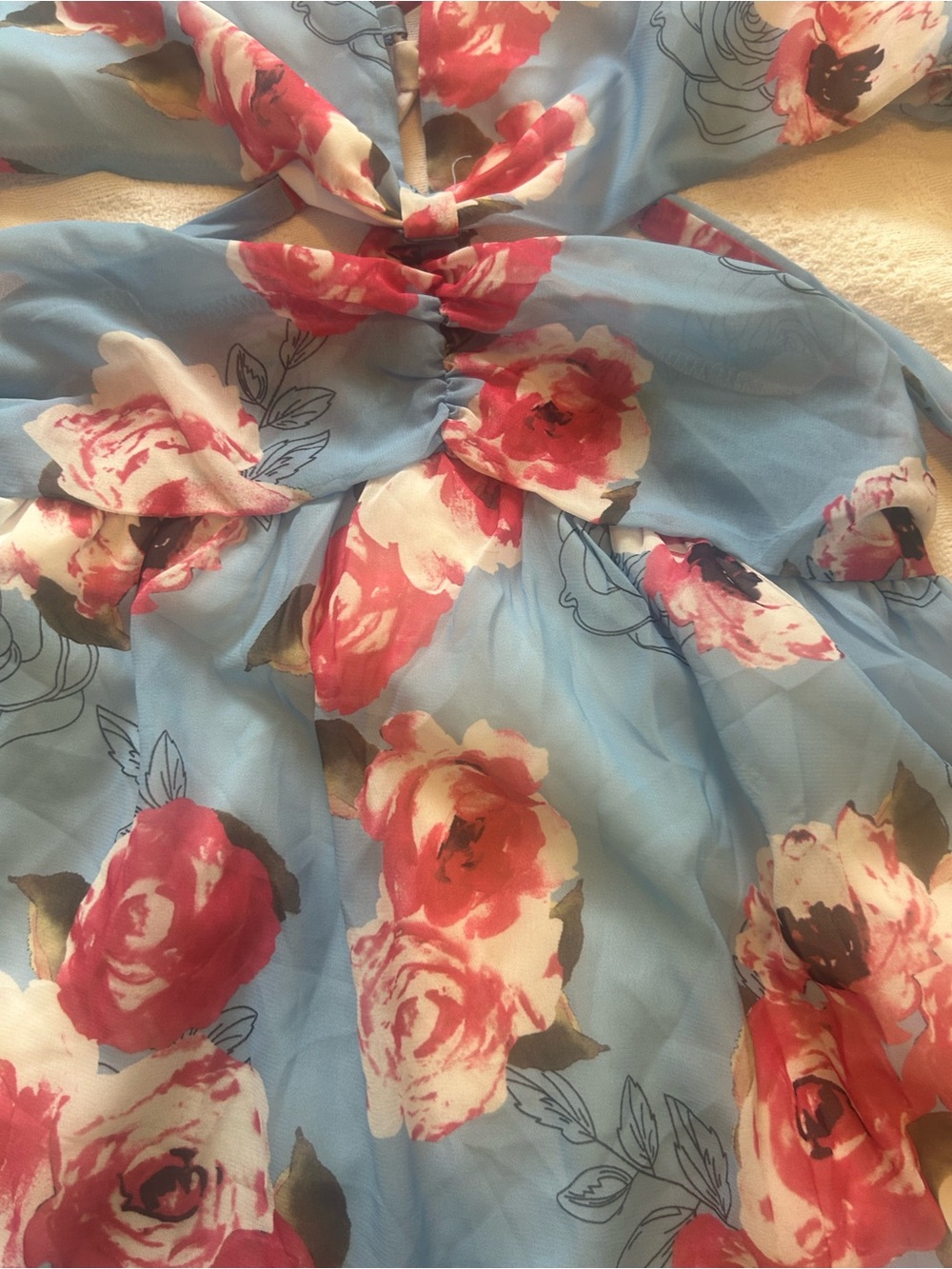 NWOT Floral Print Lace Up Cut Out Backless Chiffon Dress - Blue/Pink, size S - Picture 6 of 13